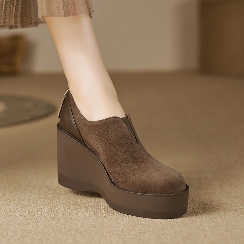 9cm秋季松糕厚底坡跟鞋新款磨砂羊皮复古棕色圆头深口增高单鞋