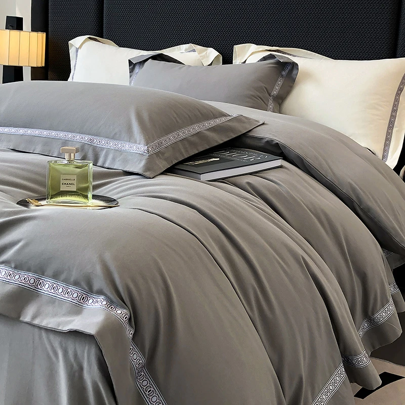轻奢全棉纯棉加厚磨毛酒店风四件套灰色单人简约纯色欧式床上用品