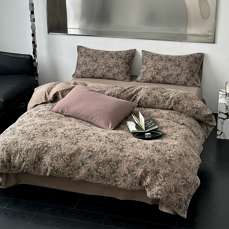 全棉色织提花四件套纯棉简约床上用品裸睡被套床笠学生单人三件套