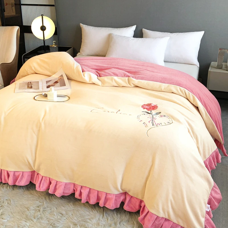 牛奶绒被套加绒韩版花边刺绣法兰绒宝宝绒单件加厚被罩1.8*2.2