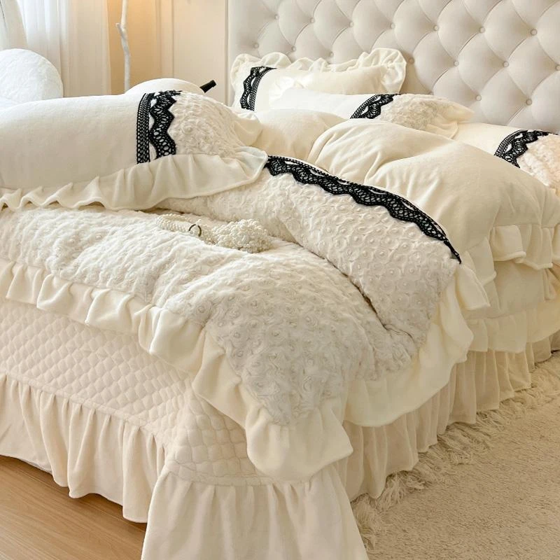 加厚保暖绒被夹棉床盖四件套法式公主风蕾丝花边被套秋冬床裙床单
