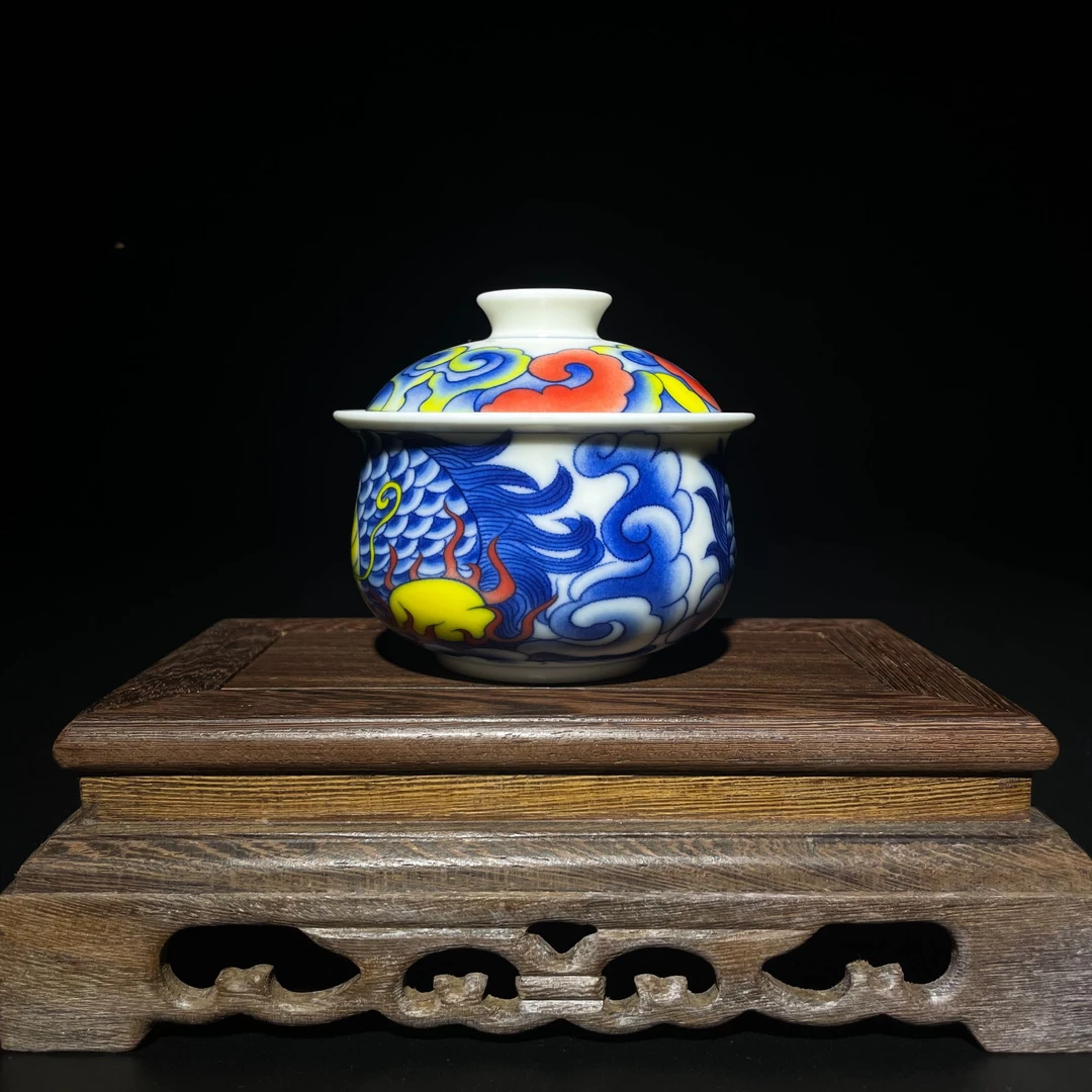 原矿釉猪油冻高温陶瓷釉下彩鱼化龙炉式布袋二才盖碗  布袋主人杯