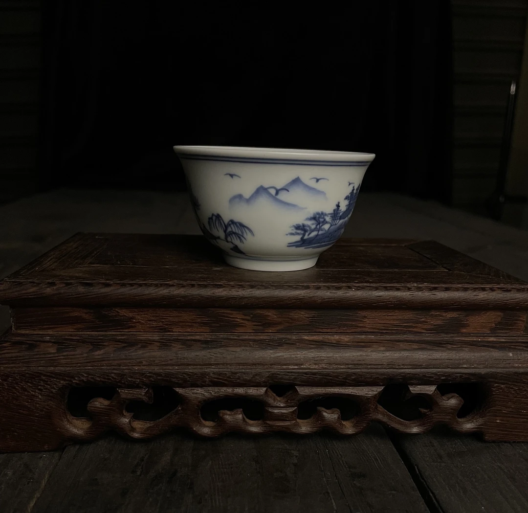 仿古青花高温陶瓷纯手绘山水品茗杯主人杯容量50ml