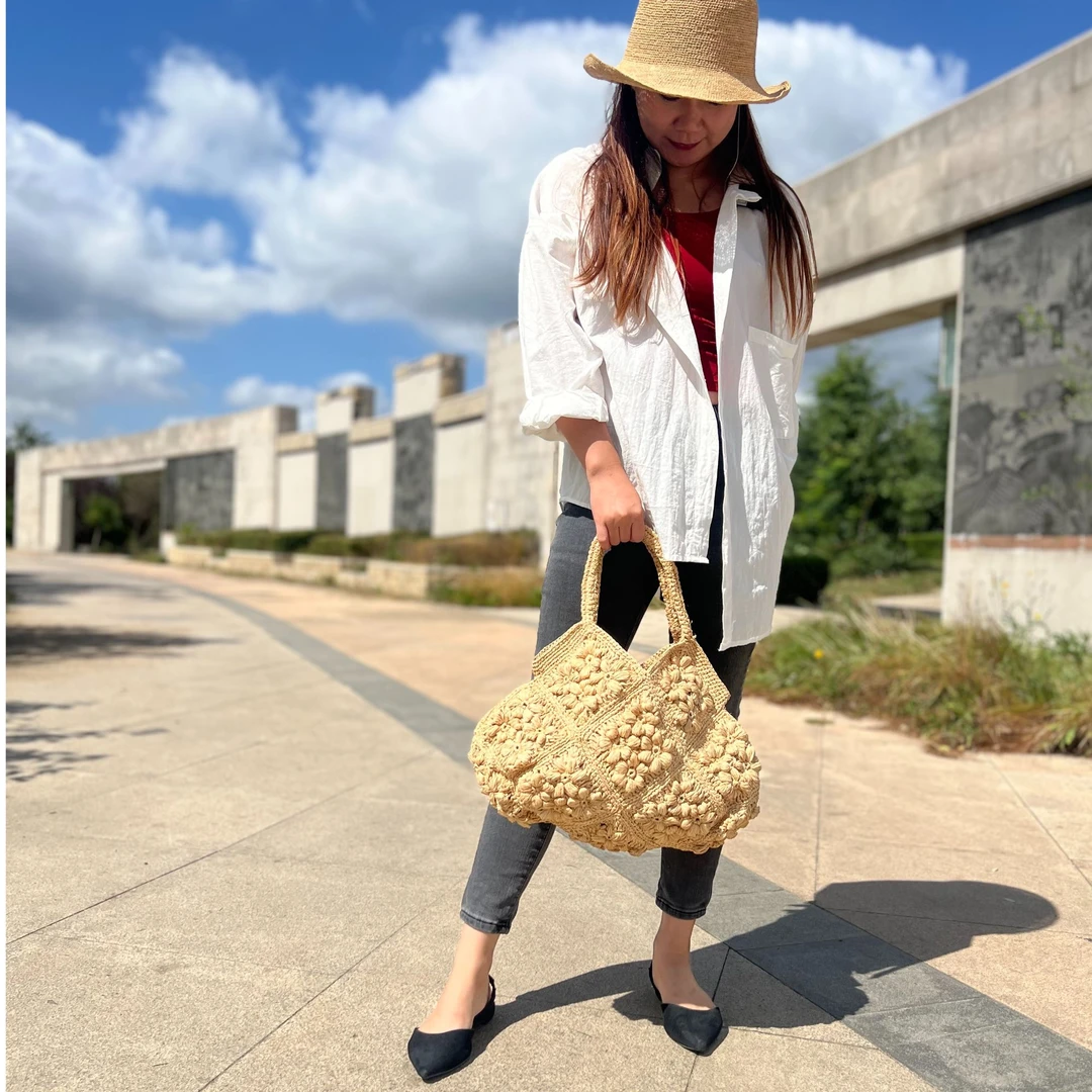 手工编制拉菲草休闲清新泡芙花手提包单肩包环保容量大时尚百搭