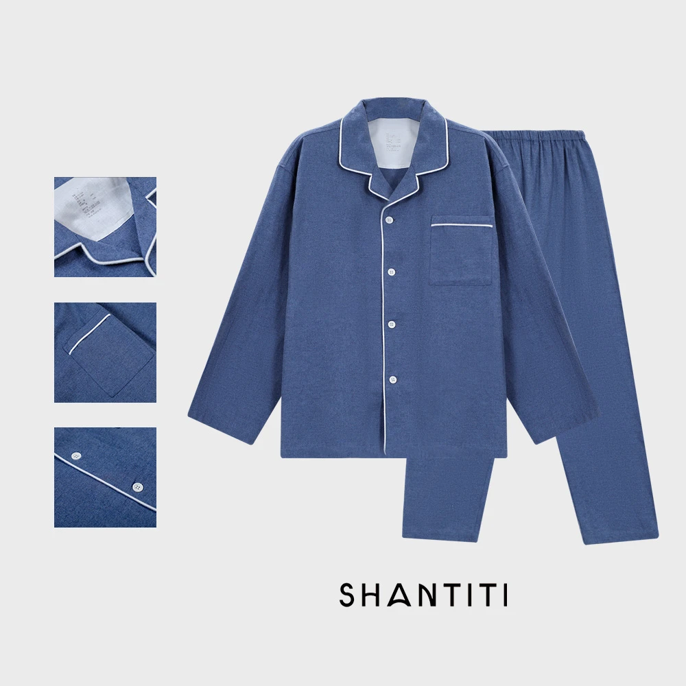 纯棉法兰绒无印风翻领无侧缝长袖长裤男款睡衣家居服【晓晓严选】