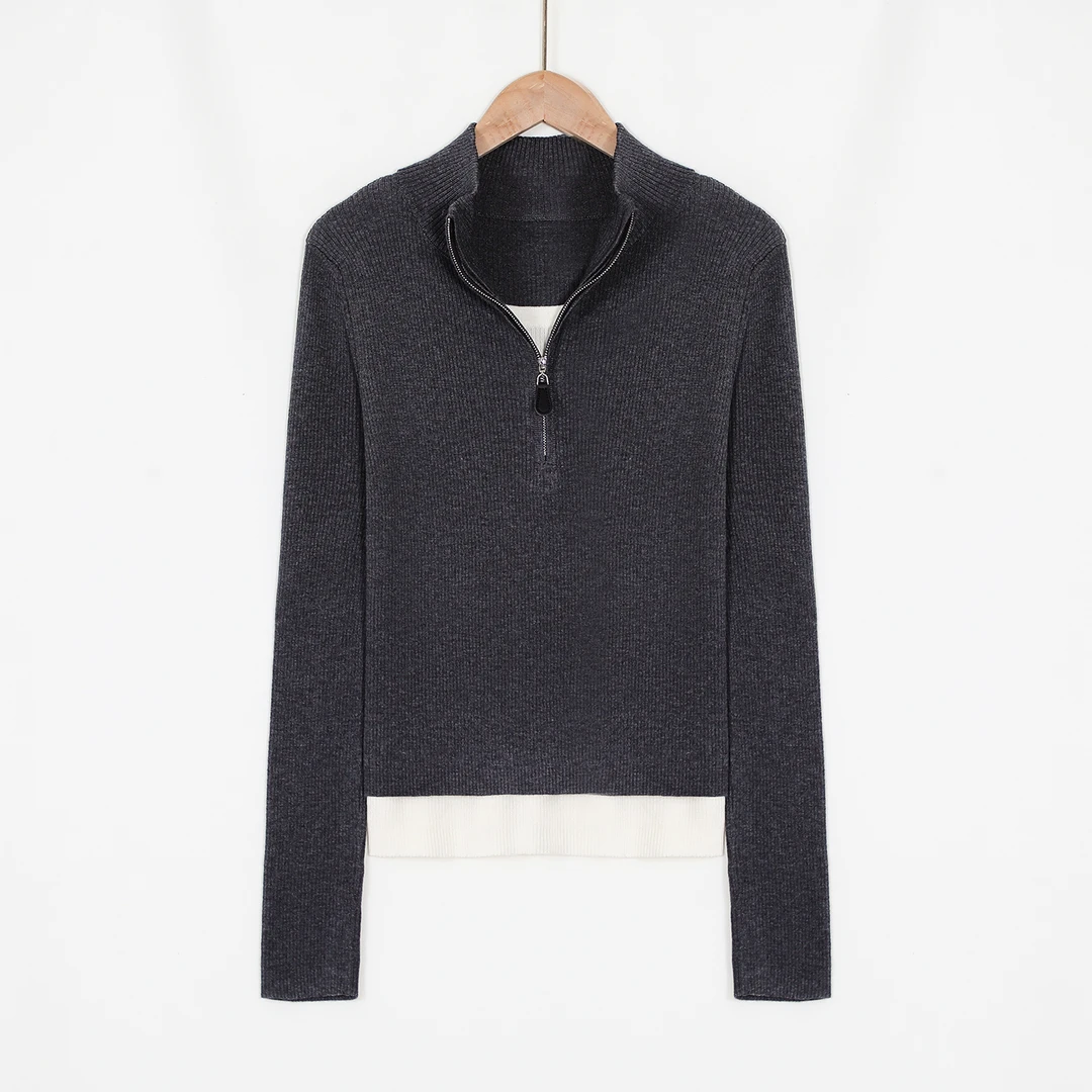 【晓晓严选】2024早秋新款假两件半高领休闲撞色女款针织衫