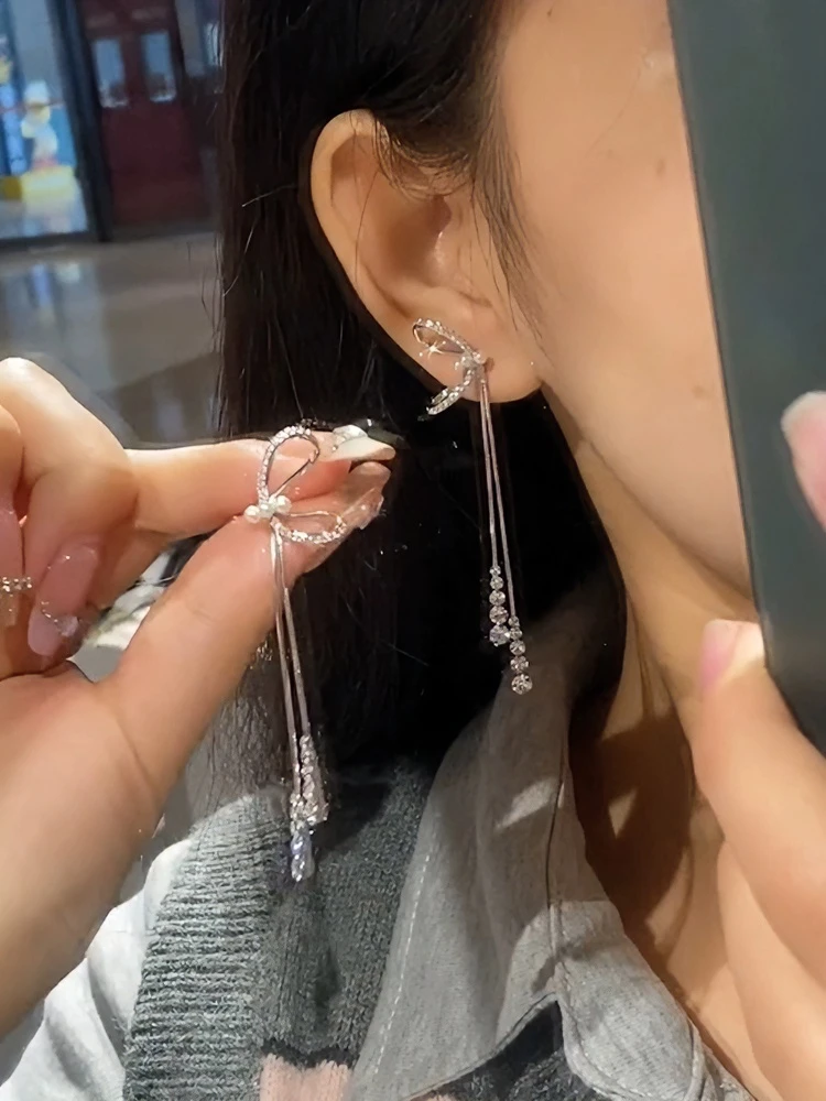 合金亚克力耳饰 法式蝴蝶结流苏耳环高级感气质耳钉冷淡风耳饰潮