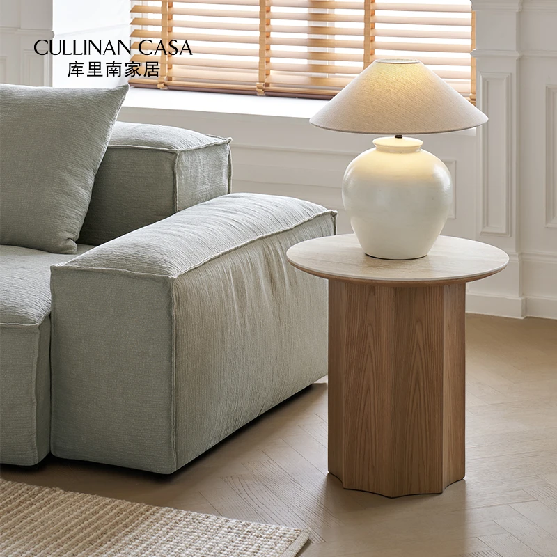 库里南家居小阳边几现代侘寂风洞石边几原木大小圆茶几组合小圆几