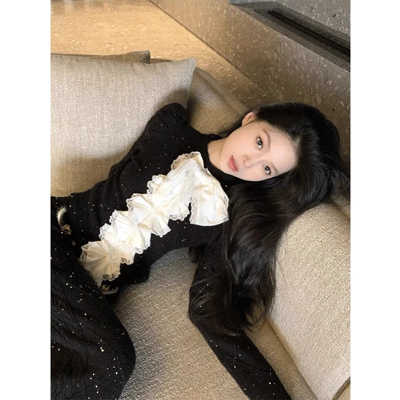 重工时髦设计感黑色洋气蝴蝶结针织衫长裤套装显瘦气质百搭女