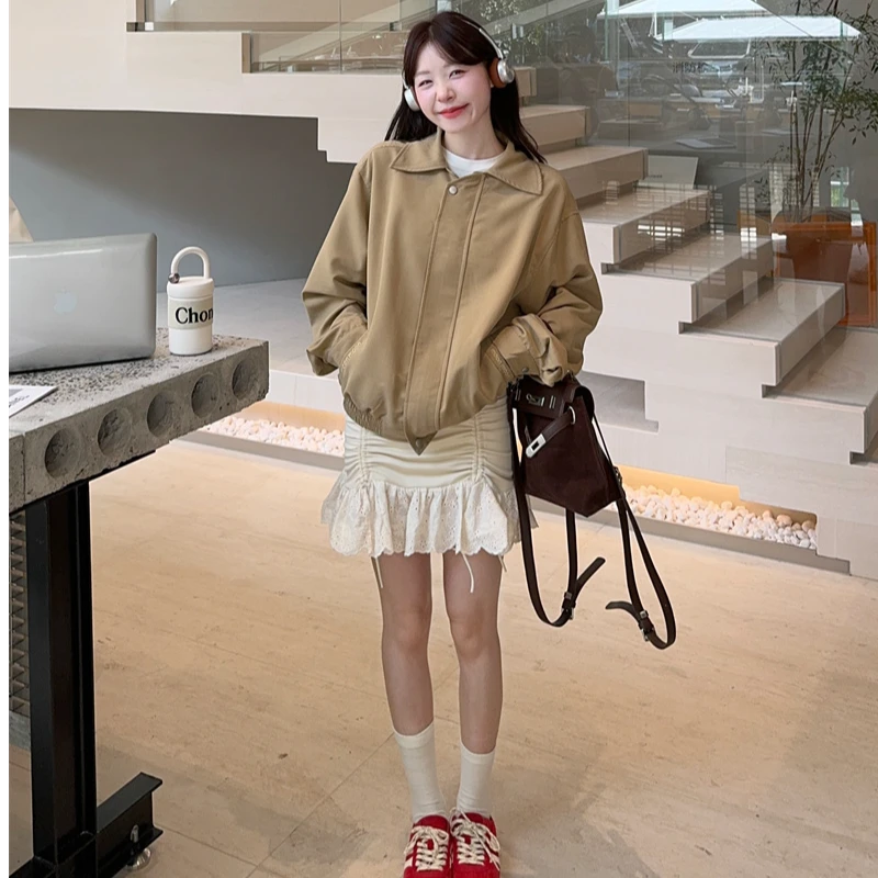 赵露思同款卡其色短款风衣夹克外套抽绳拼接蕾丝包臀裙两件套8813
