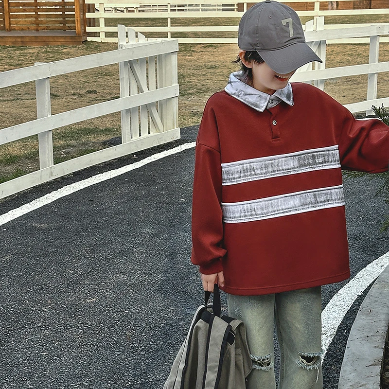 返潮复古男童秋装卫衣中大童男孩polo衫红色2024秋季新款24CY2152