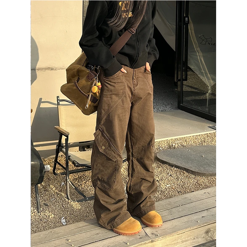 URKR美式复古多口袋宽松直筒工装裤男女高街洗水可调节腰牛仔裤