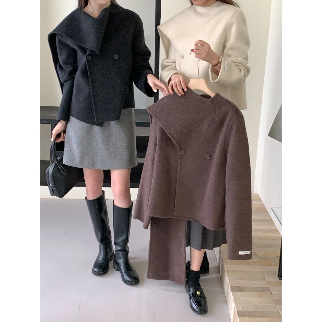 美拉德穿搭双面羊毛大衣女高定围巾式短款羊毛外套双面呢外套大衣