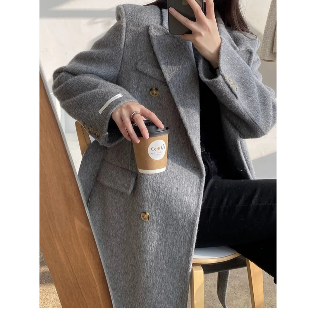 韩版冬季西装领双面羊毛大衣女长款高端系带双排扣羊毛呢外套
