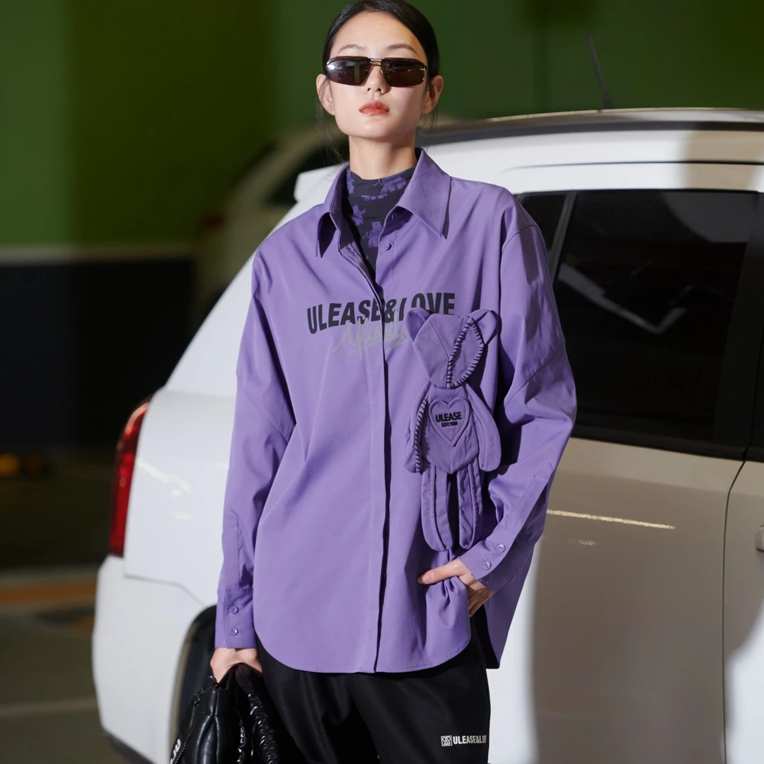 专柜新款uti尤缇冬季紫色休闲衬衣 设计感立体熊时尚潮衬衫女