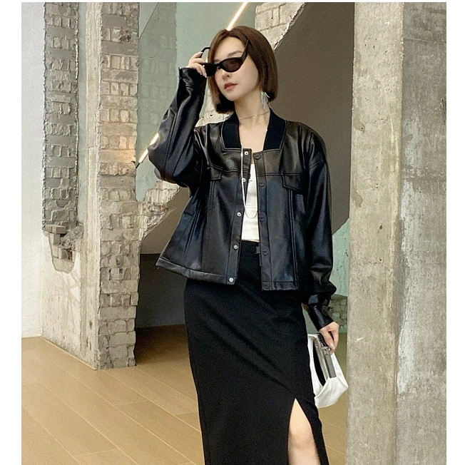 U/TI【专柜爆品】设计师款拼接针织领口酷飒风软糯简约感蛋白皮夹克