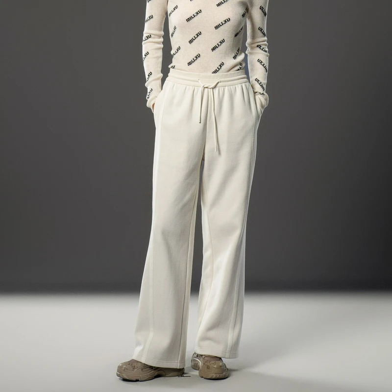 U/TI米白廓感织带卫裤女装百搭简约慵懒风休闲裤