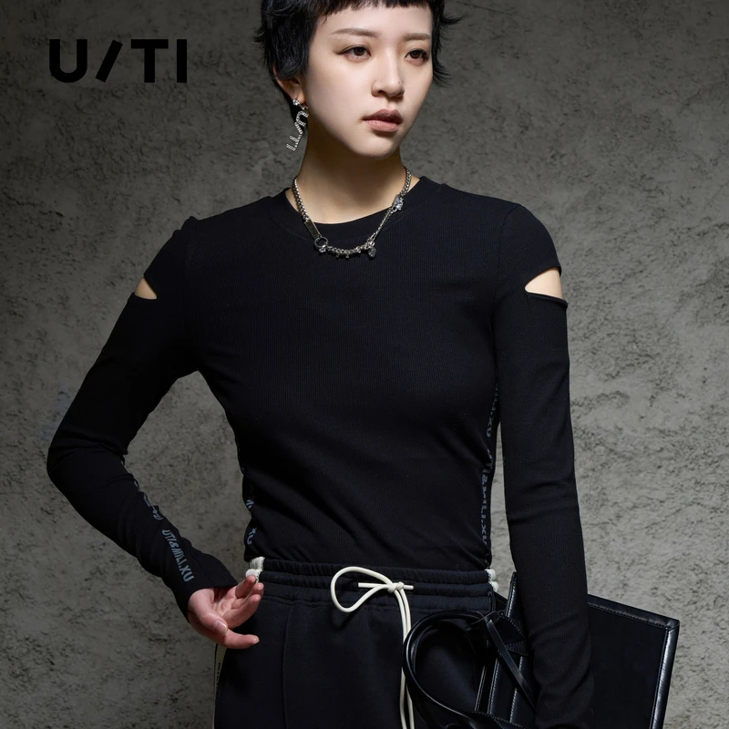 U/TI联名款黑色镂空修身T恤女百搭针织休闲上衣
