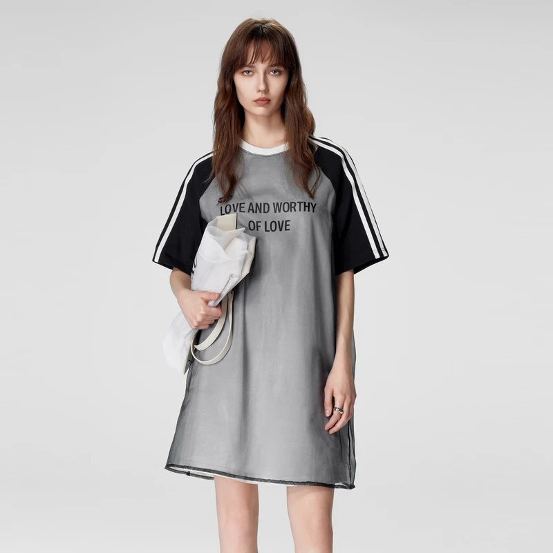 U/TI 夏季新品熊猫配色简约显瘦层次感时尚休闲圆领短袖连衣裙