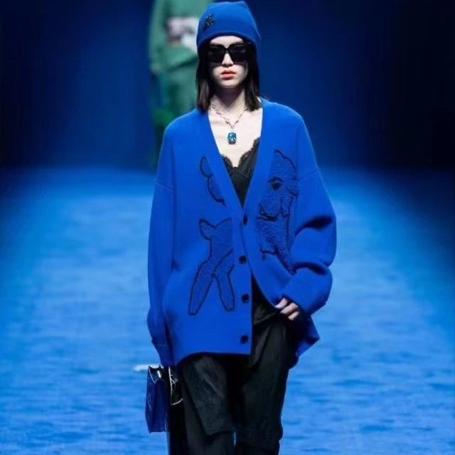 深克莱因蓝印花慵懒上衣开襟简约毛衫外套