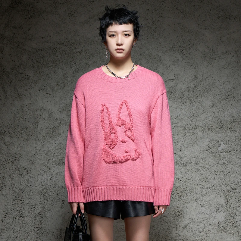 U/T百搭慵懒毛衣粉色毛圈小狗图案显瘦休闲针织衫上衣