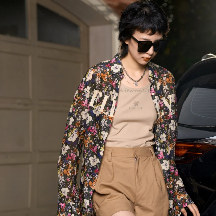 U/TI 设计师款碎花桑蚕丝混纺质感满印时尚碎花宽松防晒长袖衬衫