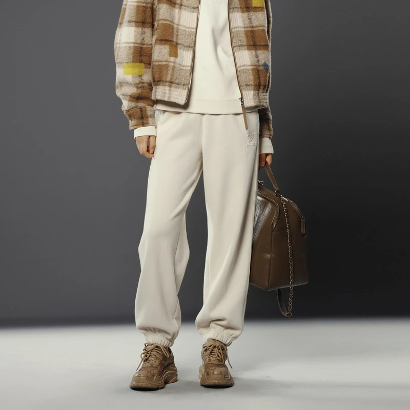 U/TI 奶白色抽绳弹力松紧腰简约感百搭运动风冬季加绒收脚休闲裤