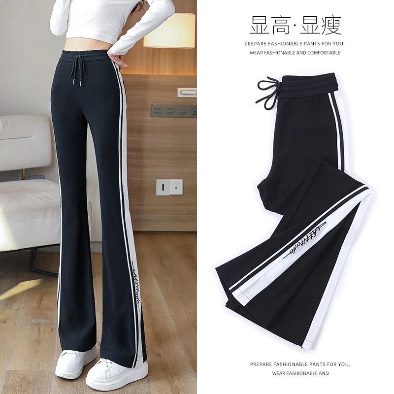 微喇叭裤子女外穿高腰显瘦条纹抽绳九分小个子垂感休闲运动裤薄款