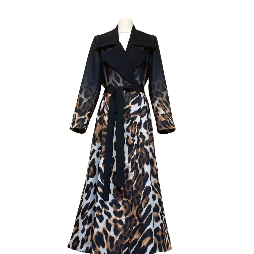 MONICA  秋冬新款翻领渐变豹纹长款外套