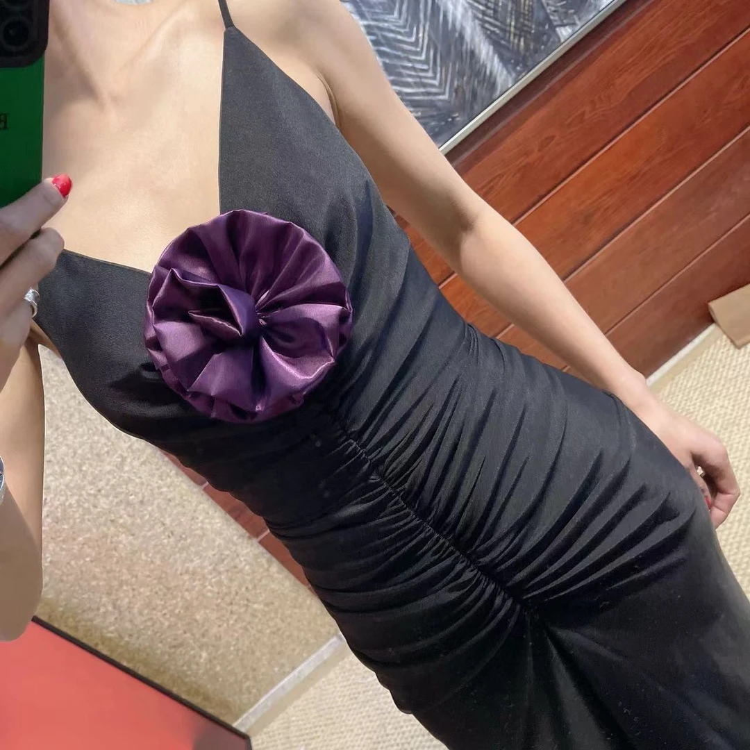 MONICA 夏季褶皱紫花吊带连衣裙