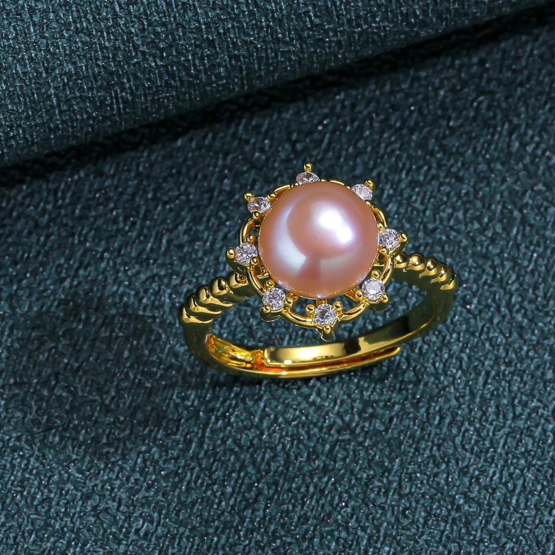 【美灵专属】淡水珍珠戒指紫色珍珠8-9mm搭金色不过时开口戒指百搭