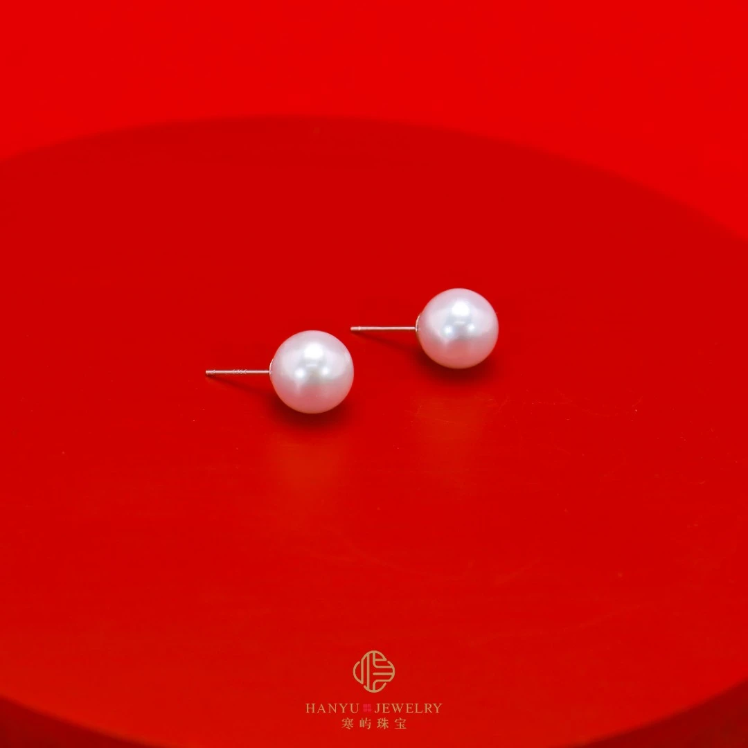 【寒屿珠宝】淡水有核白珠耳钉10-11mm强光s925耳针
