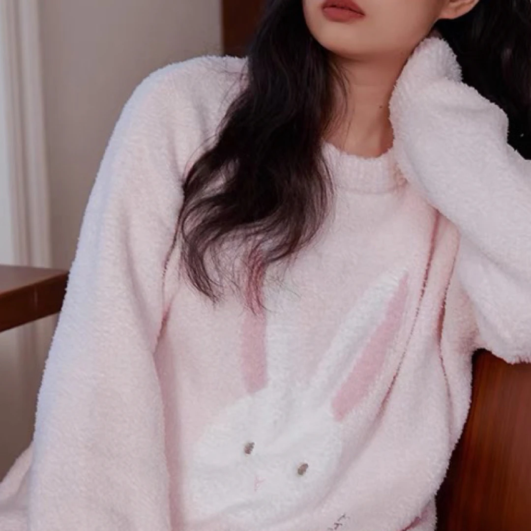 伊洛/秋冬厚款半边绒软绵绵新款粉色兔子可外穿套头家居服套装LXC