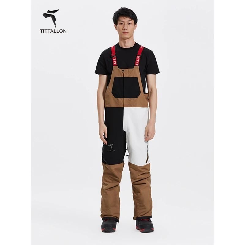 TITTALLON/体拓情侣款时尚滑雪裤男 单板双板宽松拼色滑雪背带裤