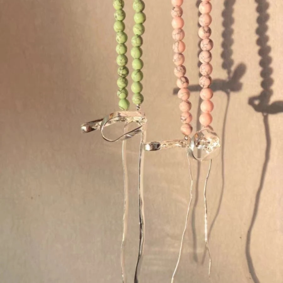 铜项链 定制Brillpiece复古绿石&粉珊瑚石蝴蝶结项链mone同款