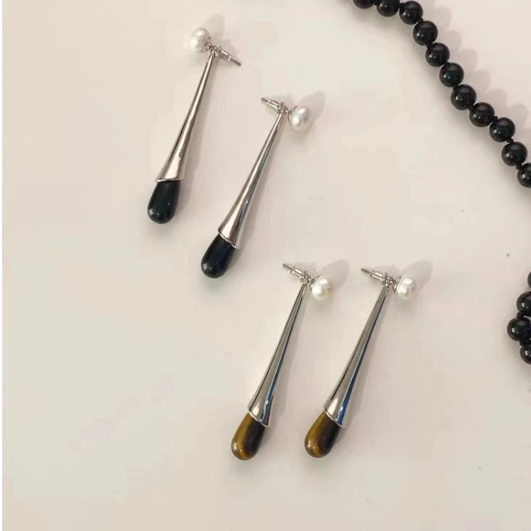 黄铜耳饰 法式优雅复古小众虎眼石水滴高级感气质吊坠耳环女