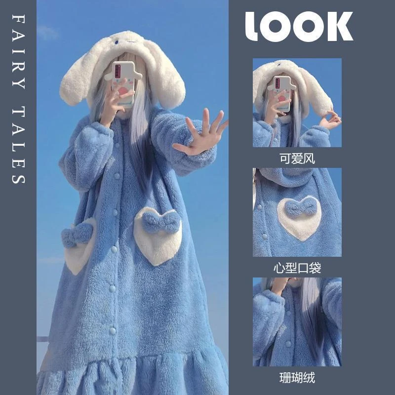 可爱玉桂狗珊瑚绒睡衣女2024年升级版秋冬大耳狗加绒加厚长款浴袍