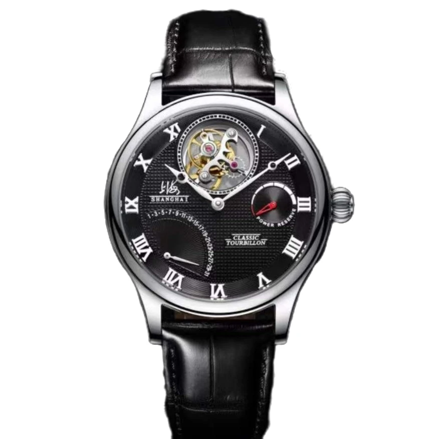 上海手表偏心自动陀飞轮表多功能机械表鳄鱼皮带商务腕表F3Z-4006