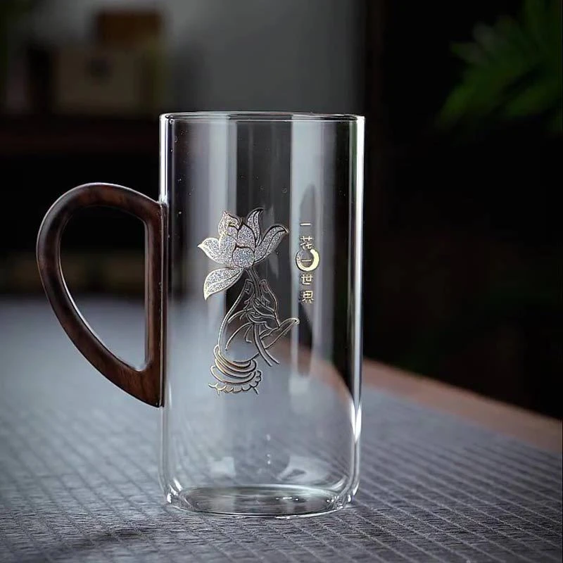 高档耐热玻璃绿茶杯木把泡茶杯加厚大容量花茶杯个人专用茶喝水杯