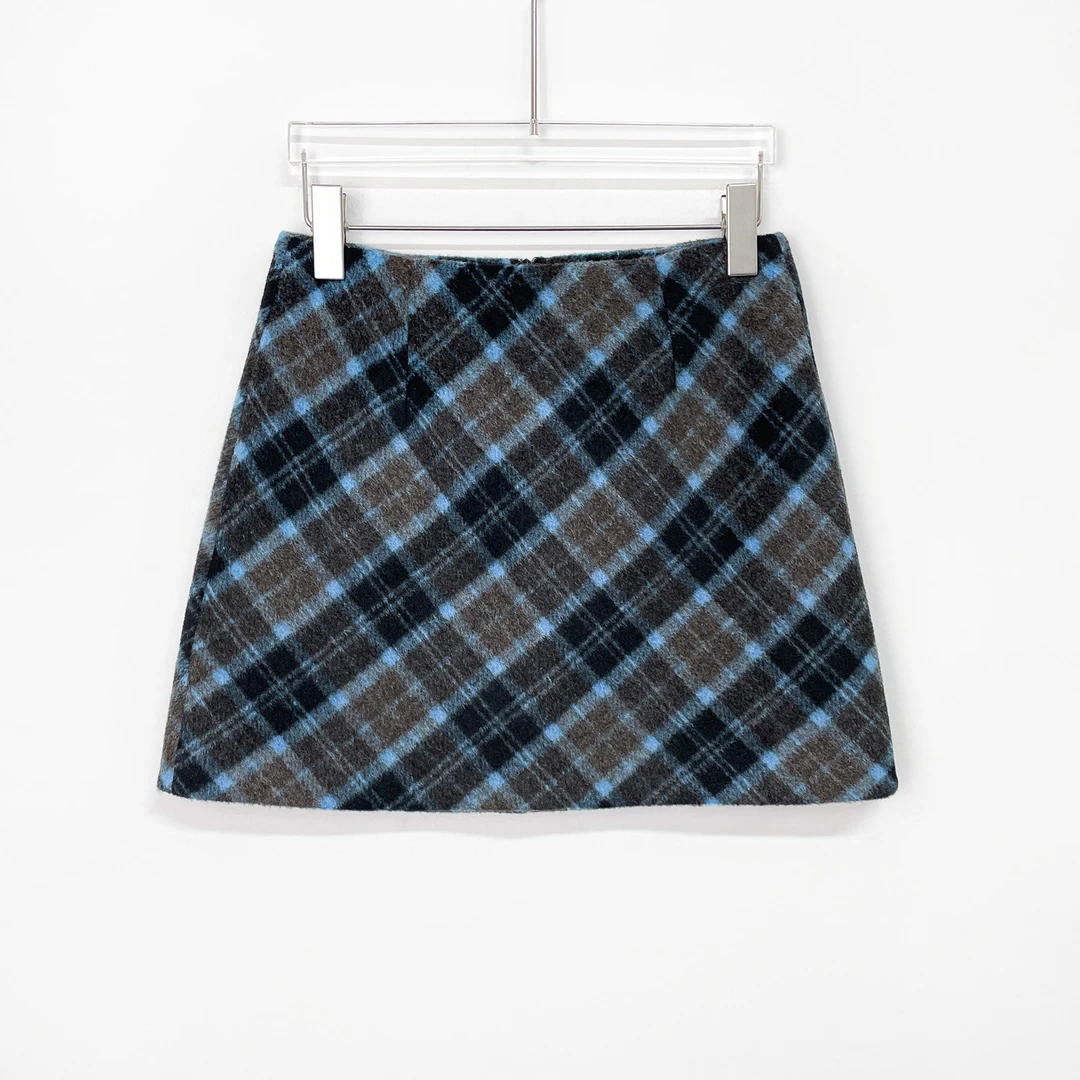 Q”毛呢格纹裙“ 秋冬复古撞色a字短裙 Z99110