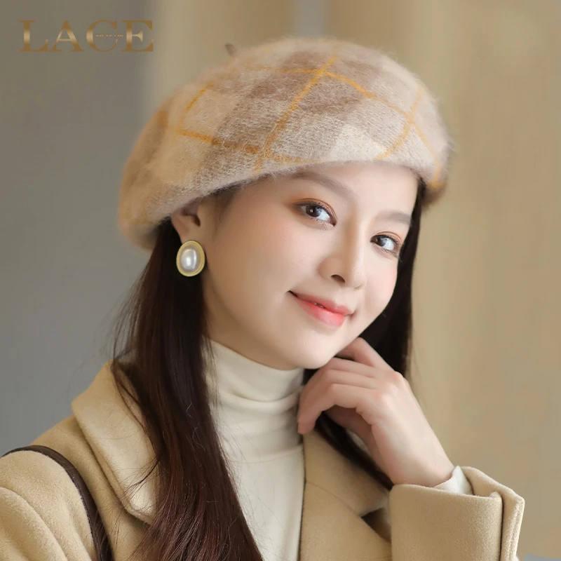 贝雷帽女秋冬季保暖兔毛英伦画家帽百搭蓓蕾帽大头围格纹帽子女