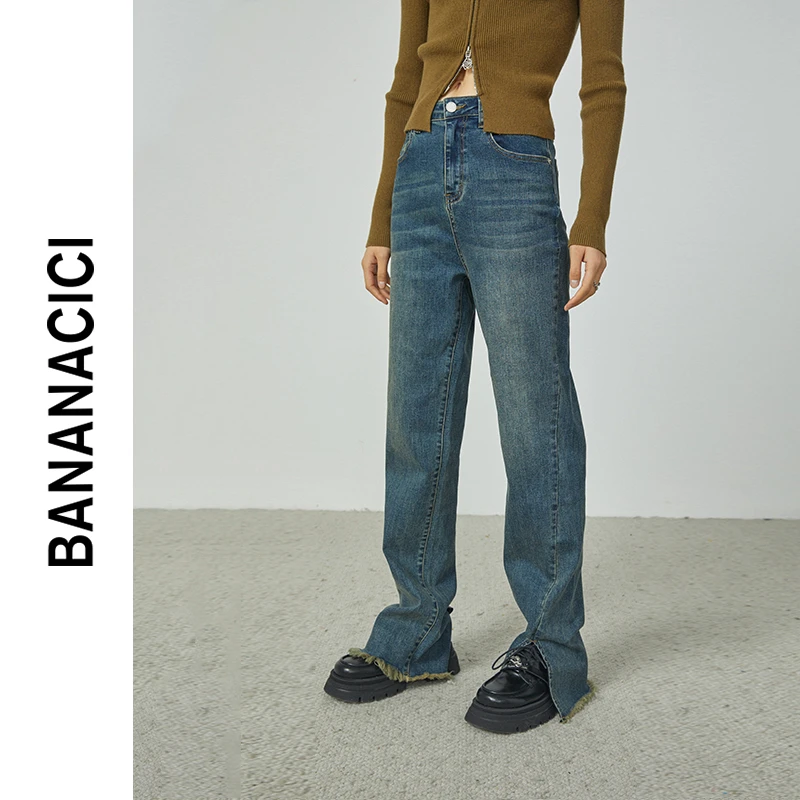 BANANA CICI2023年秋季新款高腰开衩毛须牛仔裤女重工水洗直筒裤