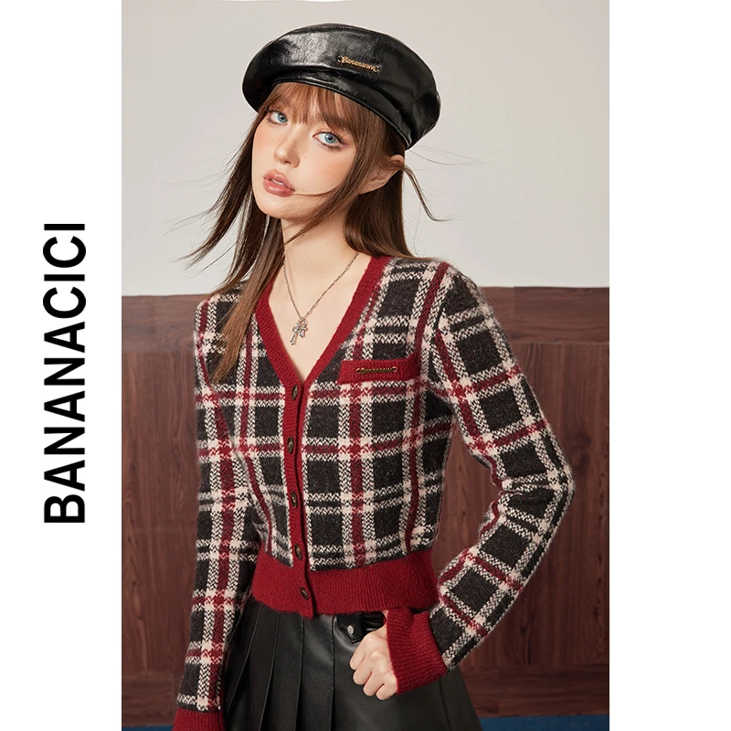 BANANA CICI2023年冬季新款学院风格纹撞色V领毛衣女针织开衫