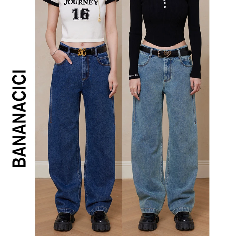 BANANA CICI2024年春季新款复古经典阔腿裤女高腰直筒牛仔裤长裤