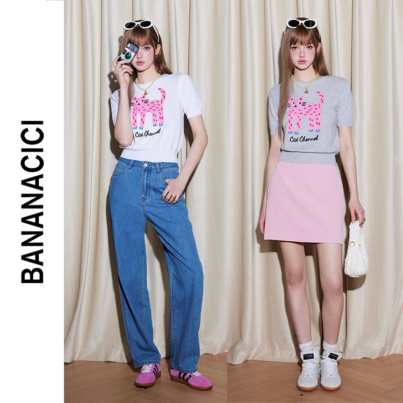 BANANA CICI2025新款原创BC长腿猫绣花圆领短袖针织衫T恤上衣0807