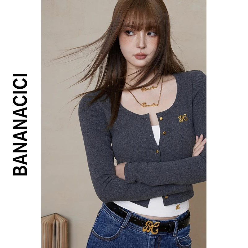 BANANA CICI2024年春季新款精致学院风圆领短款刺绣针织开衫外套