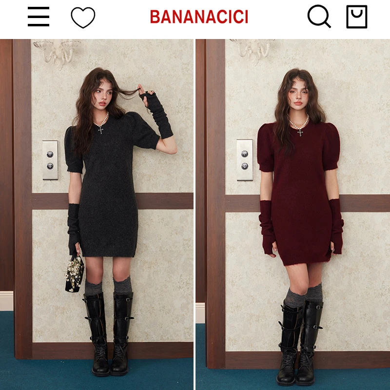 BANANA CICI2024年冬季新款简约精致显瘦短袖含袖套针织连衣裙