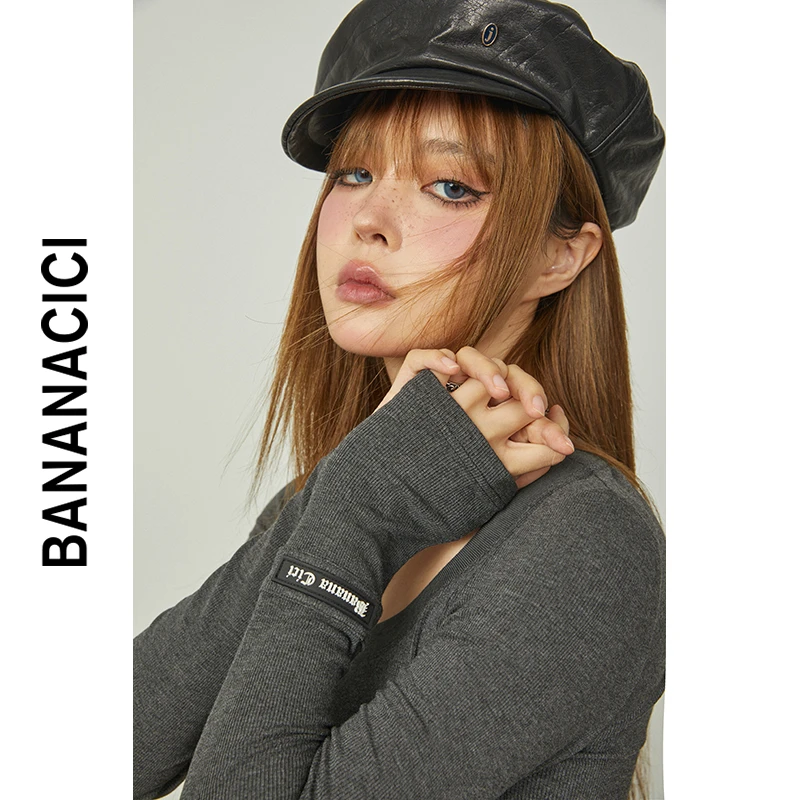 BANANA CICI2023年秋季新款马蹄长袖修身打底衫女显瘦弹力百搭T恤