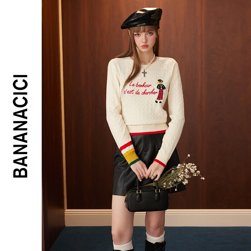 BANANA CICI2024年秋季新款复古原创“BC艺术家”刺绣套头针织衫