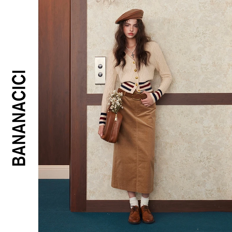 BANANA CICI2024年冬季新款复古百搭灯芯绒直筒高腰中长款半身裙